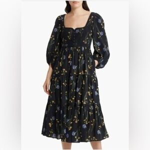 Madewell Xiomara Peasant Dress Linen Cotton Size 4 Black Floral
